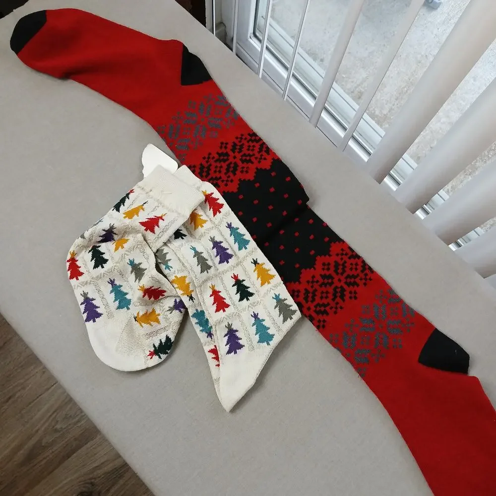 2 Pair of Women's Christmas Socks new old stock black red fair isle white trees